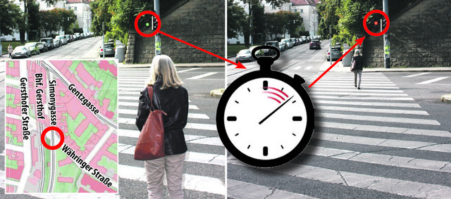 Währing: Nicht egal: Zu kurz! Die Grünphase an der Kreuzung Simonygasse dauert nur neun Sekunden, wie die bz stoppte.