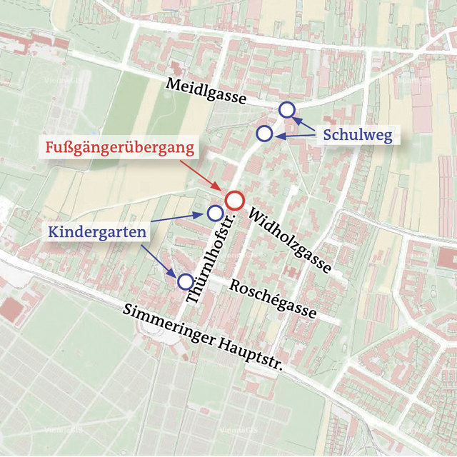 An den gekennzeichneten Stellen fordert Anrainer Markus Kisser Fahrbahnaufdoppelungen, um die Raser zu bremsen. | Foto: © Knoll/wien.at