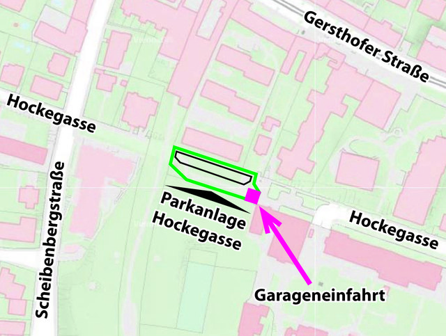 Nicht im gewidmeten Parkgebiet (schwarz) sondern in der Wohnstraße (pink) liegt die Zufahrt zu den Luxuswohnungen.