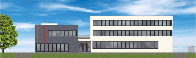 Planungsansicht des neuen Schulungs- und Anwendungstechnik-Zentrums inklusive Bürotrakt für Fachabteilungen.