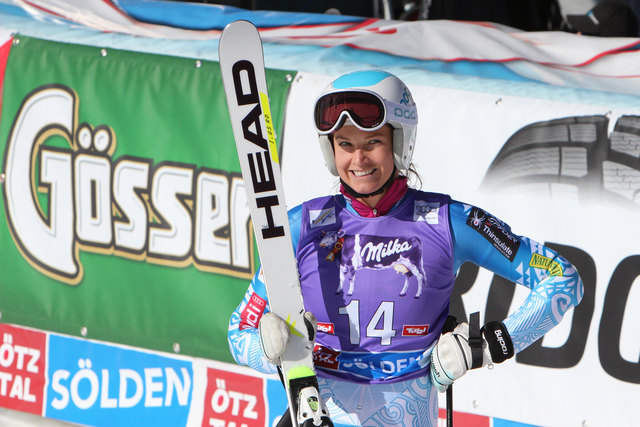 Julia Mancuso (USA) hat immer ein Lächeln für die Fotografen