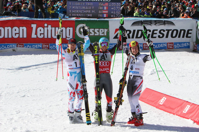 Siegerfoto: Alexis Pinturault (2.), Ted Ligety (1.) und Marcel Hirscher (3.)