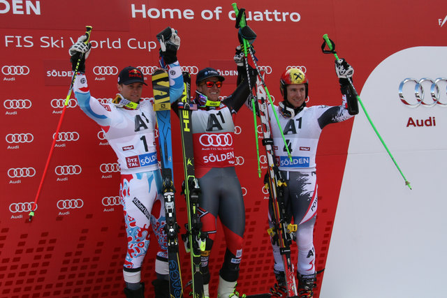 Alexis Pinturault (2.), Ted Ligety (1.) und Marcel Hirscher (3.)
