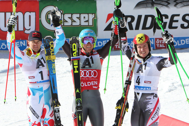 Alexis Pinturault (2.), Ted Ligety (1.) und Marcel Hirscher (3.)