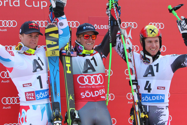 Alexis Pinturault (2.), Ted Ligety (1.) und Marcel Hirscher (3.)