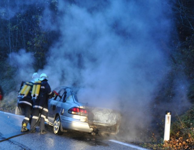 Die Feuerwehr löschte das brennende Fahrzeug rasch und konnte ein Übergreifen der Flammen auf den Wald verhindern. | Foto: Kozmich