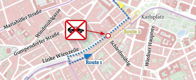 Vom 6. in den 4. Bezirk sollte man über die Kettenbrückengasse fahren (blau). Umgekehrt ist es über den Karlsplatz am besten (gelb).