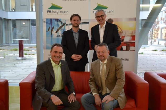 Hinten von links: Prof. (FH) DSA Mag. (FH) Dr. Roland Fürst, Leiter des Entwicklungsteams Bachelorstudiengang „Soziale Arbeit“; Mag. Georg Pehm, Geschäftsführer Fachhochschule Burgenland 
Sitzend von links: Landesrat Helmut Bieler, Landesrat für Wissenschaft; Prof. (FH) Mag. Dr. Erwin Gollner, MPH, Departmentleiter und Leiter der Entwicklungsteams „Gesundheitsstudiengänge“