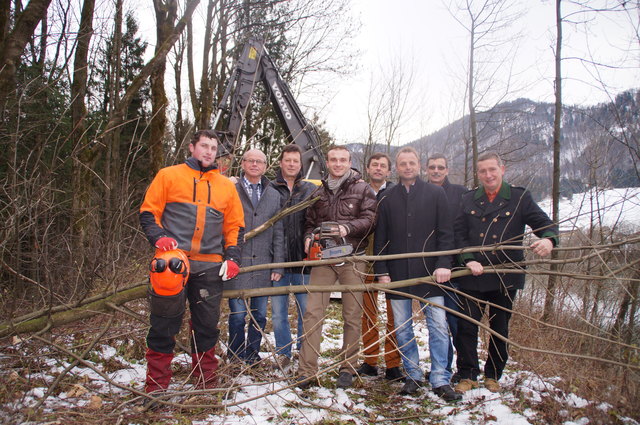 Der erste Baum fiel - wenn auch nur ein kleiner - und die Ehrengäste jubelten.
