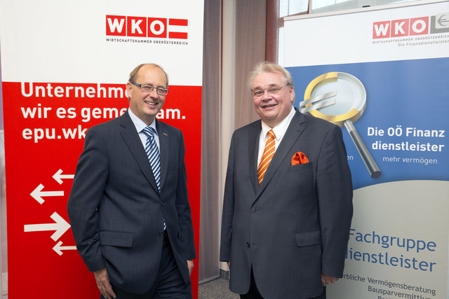 Das engagierte Führungsduo Fachgruppen-Obmann Dr. Herbert Samhaber (re) und Fachgruppen-Geschäftsführer Ing. Mag. Thomas Wolfmayr, MBA setzt die Branchenziele erfolgreich um. | Foto: WKO-Fachgruppe OÖ Finanzdienstleister