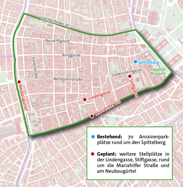 Die Anrainerstellplätze kommen im Bereich Mariahilfer Straße, Neubaugürtel, Stiftgasse, Lindengasse und Spittelberg.