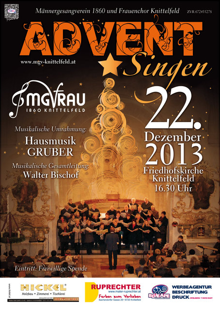 Der MGVfRAU 1860 und Frauenchor Knittelfeld lädt zum Adventkonzert am 22.12.2013 um 16.30 Uhr in die Friedhofskirche in Knittelfeld