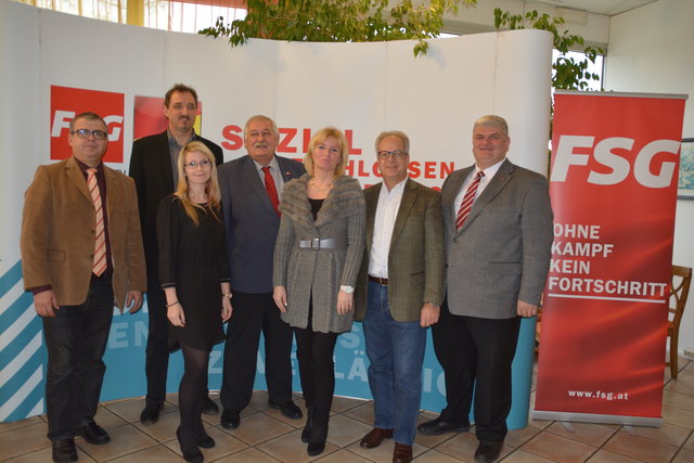Die sieben FSG-Spitzenkandidaten: Erich Mauersics, Gerhard Michalitsch, Dorottya Kickinger, Alfred Schreiner, Josefine Benin, Heinz Kulovits und Christian Dvorak