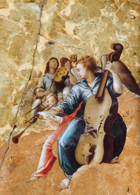 Niederländischer Maler, Die hl. Cäcilia mit musizierenden Engeln, Detail, © Gemäldegalerie der Akademie der bildenden Künste Wien.