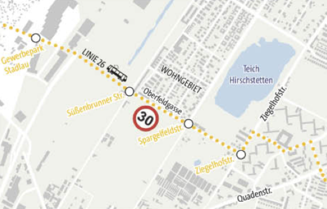 Die Straßenbahn fährt mit ca. 60 km/h durch die Oberfeldgasse – sehr zum Leidwesen der Anwohner.