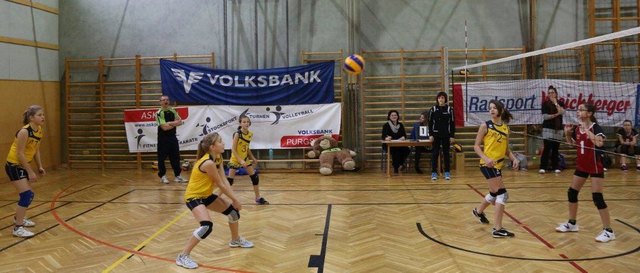 Fiona Ludwig, Trainer Martin Wenighofer, Teresa
Wurzenberger, Nina Hofmarcher und Verena Wurzenberger (ASKÖ Volksbank
Purgstall-Turniersieger) in Spiel gegen die Zweitplatzierten aus Pöchlarn. | Foto: ASKÖ Purgstall