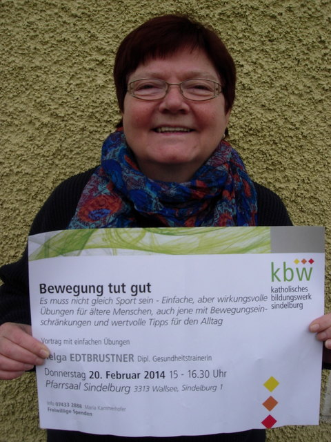 Maria Kammerhofer, Leiterin des Katholischen Bildungwerks Sindelburg lädt zum Mitmach-Nachmittag mit Gesundheitstrainerin Helga Edtbruster. | Foto: KBW Sindelburg
