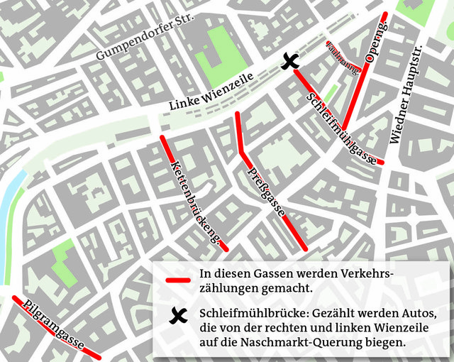 Die Studie zur Schleifmühlbrücke soll auch zeigen, wie sich eine Sperre auf die Gassen in der Umgebung auswirken würde. | Foto: Grafik: APA/Knoll