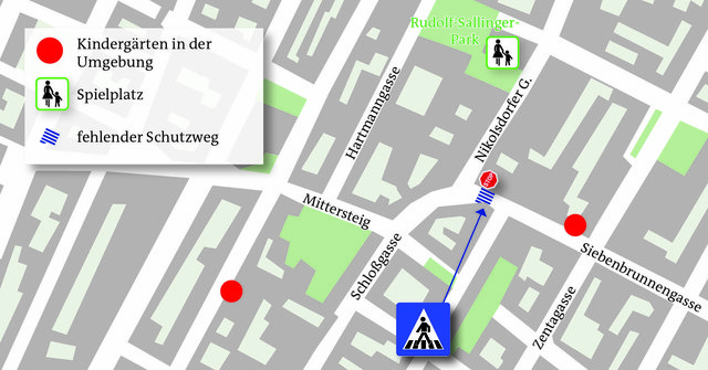 Ein neuer Zebrastreifen soll den Verkehrs-Hotspot vor dem Sallinger Park entschärfen. | Foto: Grafik: APA/Knoll