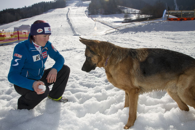 Fischbacher mit Redaktionshund Esco in einer Interviewpause.
