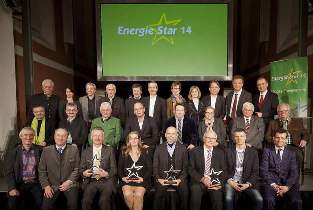 Die Energie Stars 2014. Unter ihnen Peter Koits (vorne 3.v.r.),  Bürgermeister der Stadt Wels. | Foto: OÖ Energiesparverband