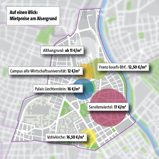 Die Mietpreise im Überblick: Im Servitenviertel ist es richtig teuer, in der Rossau wohnt man günstig.