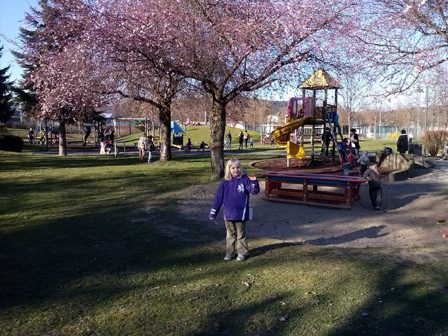 Sehr schön und in Frühlings Farben präsentiert sich heuer der Kinderspielplatz in Welzenegg. Claudia und ihren kleinen Freunden macht es viel Spaß, hier herumzutoben!