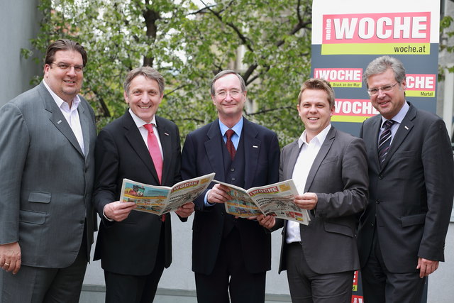 Wirtschaftsgipfel bei der WOCHE: RMA-Vorstand Klaus Schauer, Josef Herk, Christoph Leitl, WOCHE-GF Jürgen Rothdeutsch, Karlheinz Dernoscheg | Foto: Oliver Wolf