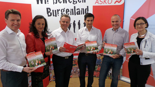 Bürgermeister LAbg. Erich Trummer, Landesrätin Mag. Michaela Resetar, Landeshauptmann Hans Niessl, ASKÖ-Bgld. Präsident KO Christian Illedits, Bundesminister Mag. Gerald Klug, Bundesministerin Mag.a Johanna Mikl-Leitner bei der Präsention des Projekts „60/40 – Kampagne für mehr Bewegung“ | Foto: Landesmedienservice