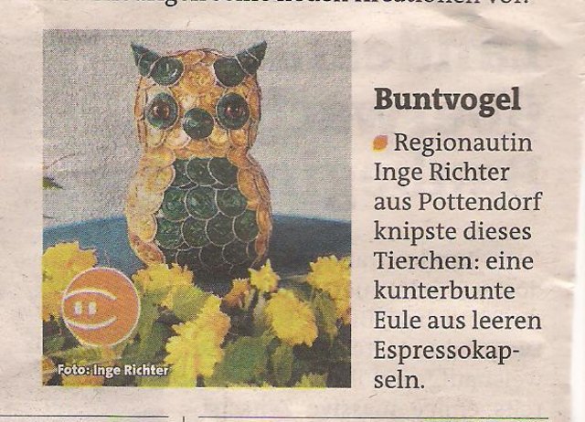 Eule gefertigt aus Kaffeekapseln, ein Geschenk zum Geburtstag.