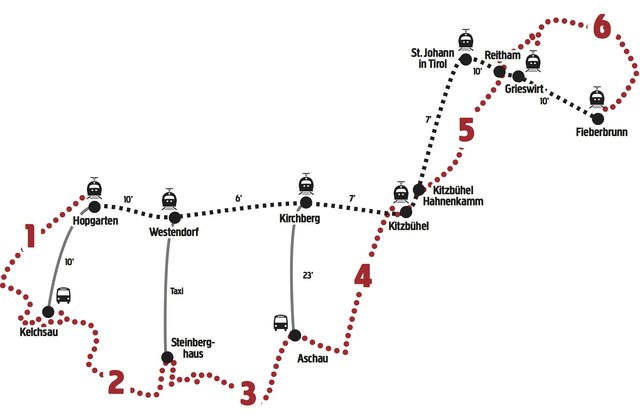 Etappen Länge/Gehzeit
1. Hopfgarten – Kelchsau, 17,5 km/5 h
2. Kelchsau – Gasthaus Steinberg, Westendorf, 15,5 km/6 h
3. Gasthaus Steinberg – Aschau, 19 km/6,5 h
4. Aschau – Kitzbühel, 16,5 km/6,5 h
5. Kitzbühel – St. Johann/Tirol, 17 km/6,5 h
6. St. Johann/Tirol – Fieberbrunn, 18,5 km/6,5 h | Foto: Ferienregion Hohe Salve / Kitzbüheler Alpenmarketing