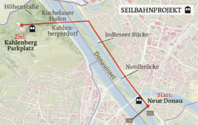 Möglicher Seilbahnverlauf: Von der U6 Neue Donau entlang dem nördlichen Donauufer zur Jedleseer Brücke in Richtung Kahlenberg. | Foto: Grafik: Kitting
