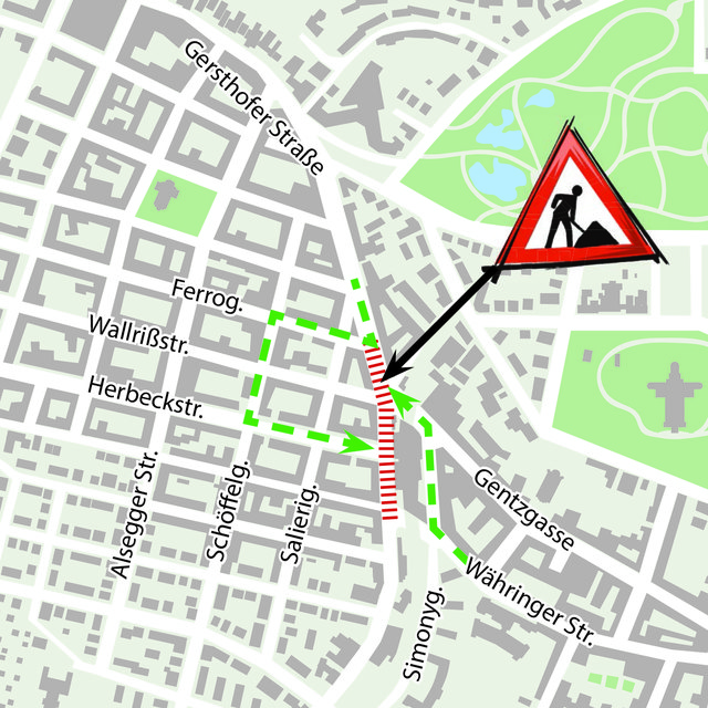 Megabaustelle Gersthof: Bis 18. Mai gibt es für Autofahrer und den Bus 10A eine lokale Umleitung. | Foto: Plan APA, Grafik: zop-vieh