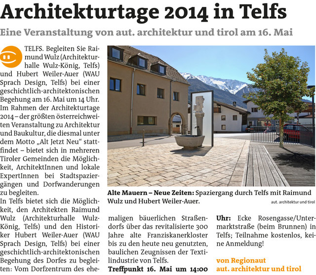 Bezirksblätter Telfs KW19 - aut. architektur und tirolLink zum Beitrag: http://www.meinbezirk.at/899107