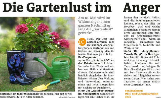 Bezirksblätter Telfs KW19 - Obst- und Gartenbauverein TelfsLink zum Beitrag: http://www.meinbezirk.at/935495