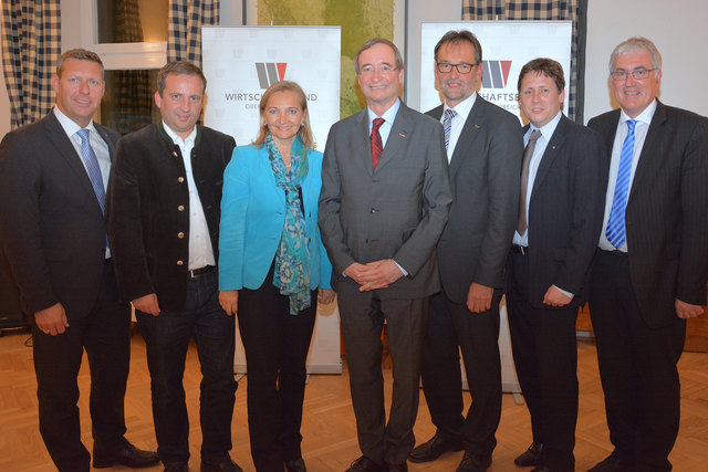 Am Bezirktstag: Wolfgang Greil, Michael Hammer, Ulrike Rabmer-Koller, Christoph Leitl, Reinhard Stadler, Florian Gumpinger und Nikolaus Thaller (v. l.). | Foto: Wirtschaftsbund