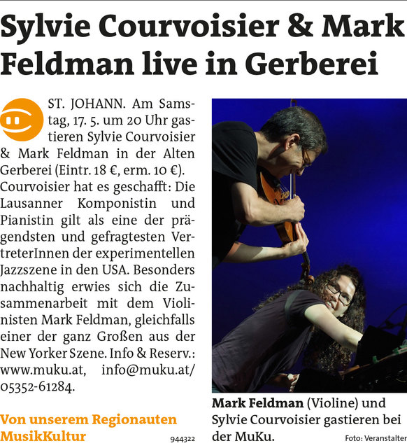 Bezirksblätter Kitzbühel KW20 - Musik Kultur Alte GerbereiLink zum Beitrag: http://www.meinbezirk.at/944322