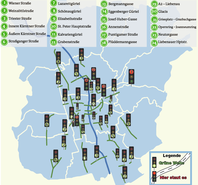 Hier regieren die "Grünen Wellen" in der steirischen Landeshauptstadt: ein Überblick. | Foto: WOCHE Graz