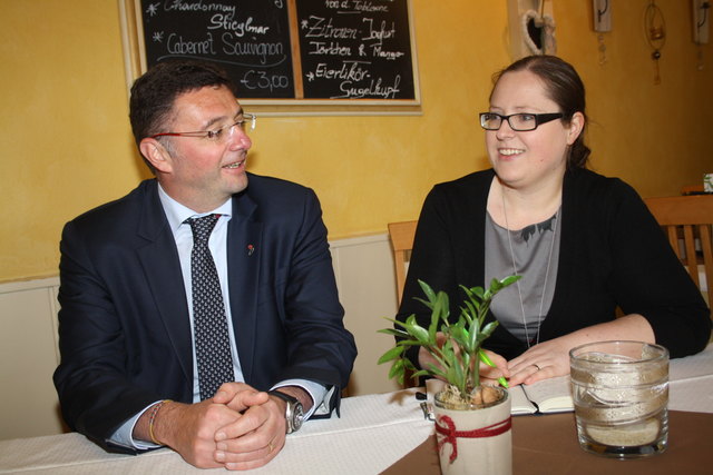 Vom Essiggurkerl bis zur EU-Wahl: Jörg Leichtfried im Gespräch mit WOCHE Graz-Umgebung Nord-Redaktionsleiterin Katharina Grasser. | Foto: Edith Ertl