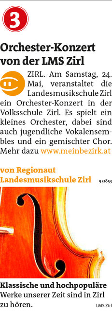 Bezirksblätter Telfs KW21 - Landesmusikschule ZirlLink zum Beitrag: http://www.meinbezirk.at/951853