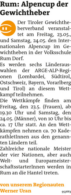 Bezirksblätter Hall-Rum KW21 - Werner UranLink zum Beitrag: http://www.meinbezirk.at/953663