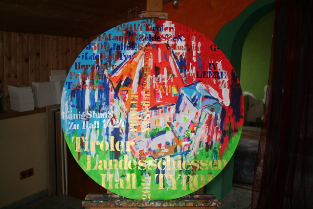 Jubiläumsscheibe der Schützengilde Hall, von Andreas Arnold "Pemsl", Mils