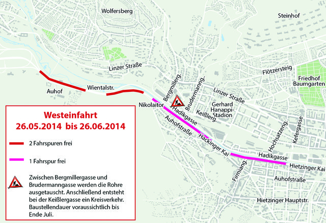 Auf der Westeinfahrt ist bis November aufgrund der Baustellen viel Geduld gefragt. | Foto: Plan: APA, Grafik: zop-vieh