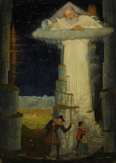Franz Reinthaler: Gottvater, aus Felsen emporwachsend, schaut auf Erdenwanderer, 24,5 x 34,4 cm, Öl auf Karton
