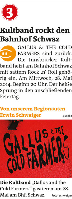 Bezirksblätter Schwaz KW22 Erwin SchwaigerLink zum Beitrag: http://www.meinbezirk.at/959783