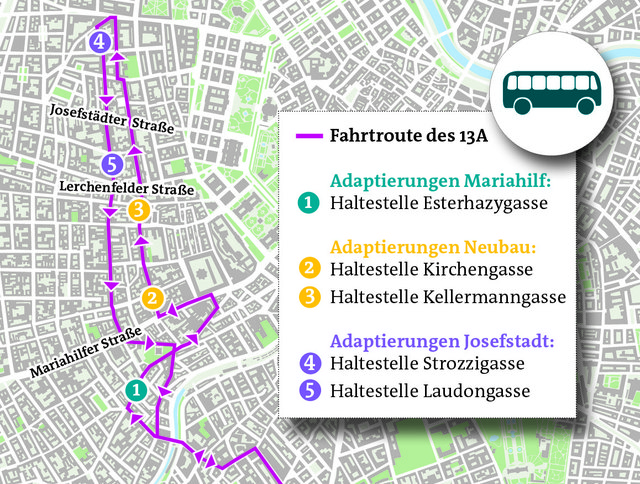 Neue Busse um sechs Meter länger: In der Kirchen- (2) und Kellermanngasse (3) kommen Längs- statt Schrägparkplätze.