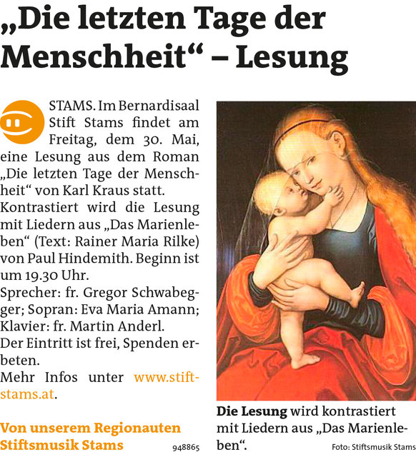 Bezirksblätter Imst + Bezirksblätter Telfs KW22 - Stiftsmusik StamsLink zum Beitrag: http://www.meinbezirk.at/948865