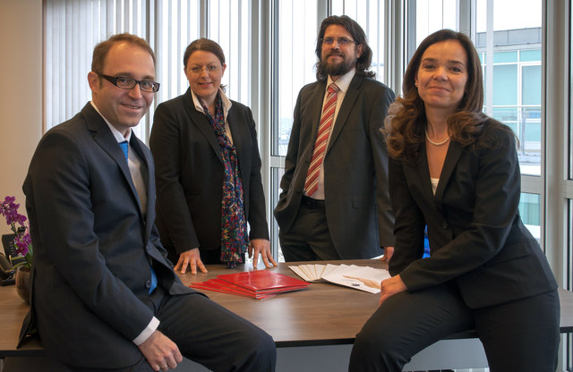 Das Expertenteam für geistiges Eigentum in der Wiener ABP Anwaltskanzlei: Patentanwalt Andreas Rossoll, Sonja Wager, Europäischer Patentanwalt Stefan Wieser, Rechtsanwältin Sabine Mahringer.