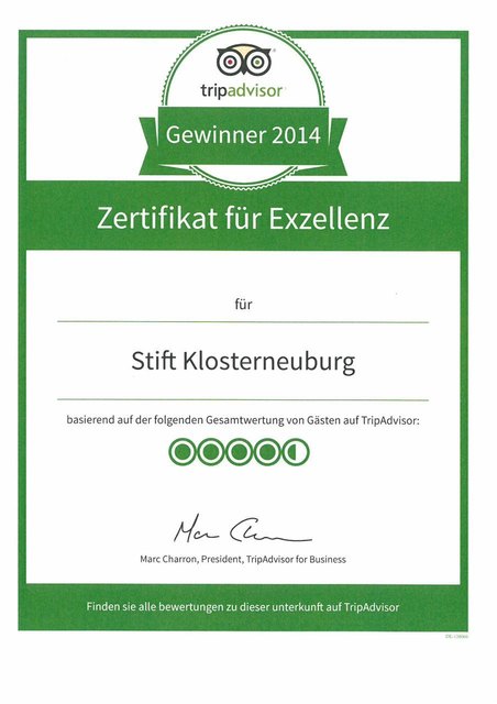 Das Zertifikat für Exzellenz, das dem Stift Klosterneuburg von TripAdvisor für ausgezeichnete Gastfreundschaft verliehen wurde.