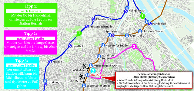 Das sind die besten Ausweichtipps für die halbseitig gesperrte U6-Station Alser Straße.